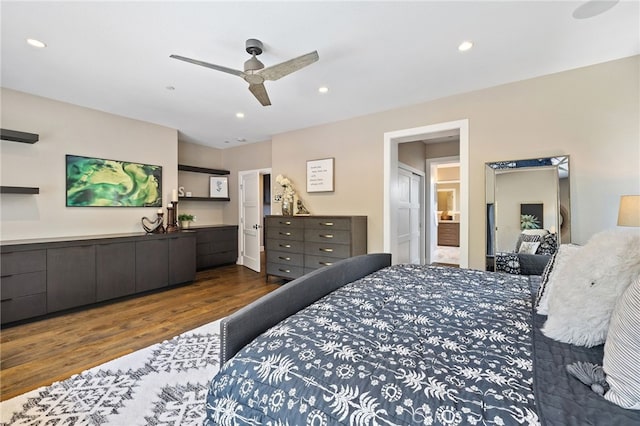 bedroom with dark wood-style flooring, recessed lighting, and ceiling fan