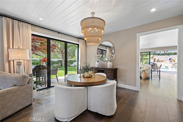 dining area with healthy amount of natural light, hardwood / wood-style flooring, recessed lighting, baseboards, and wooden ceiling