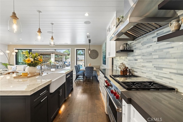 kitchen with range hood, high end stove, a sink, dark wood-type flooring, and tasteful backsplash
