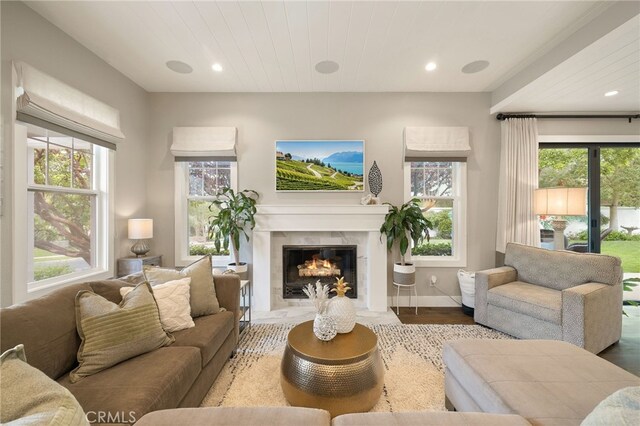 living room with wood finished floors, a fireplace, baseboards, and recessed lighting