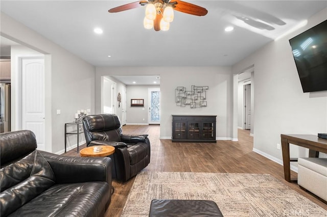 22811 Rolling Brook Ln, Wildomar, CA 92595 - living area with ceiling fan, wood finished floors, recessed lighting, and baseboards