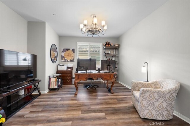 22811 Rolling Brook Ln, Wildomar, CA 92595 - office space featuring a chandelier, wood finished floors, and baseboards