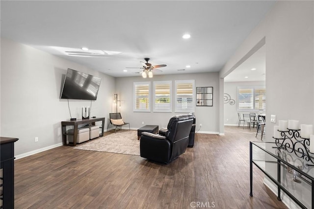 22811 Rolling Brook Ln, Wildomar, CA 92595 - living area featuring wood finished floors, a ceiling fan, recessed lighting, and baseboards