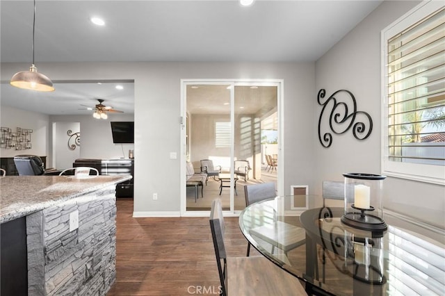 22811 Rolling Brook Ln, Wildomar, CA 92595 - dining room with dark wood finished floors, a ceiling fan, recessed lighting, and baseboards