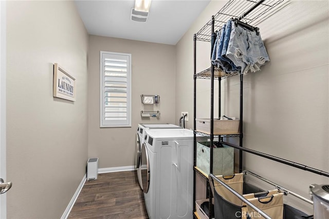 22811 Rolling Brook Ln, Wildomar, CA 92595 - washroom featuring washer and dryer, dark wood-style floors, and baseboards