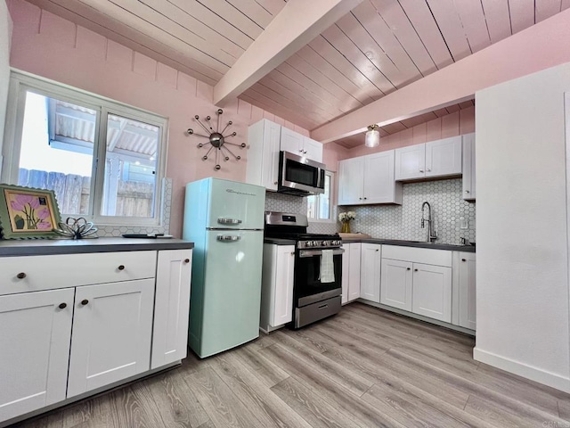 kitchen featuring wood ceiling, white cabinetry, backsplash, stainless steel appliances, and beam ceiling