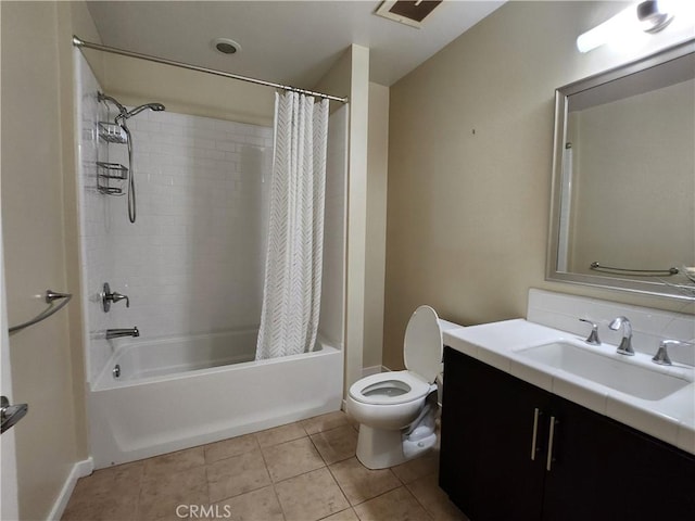 bathroom with toilet, shower / tub combo with curtain, visible vents, tile patterned flooring, and vanity