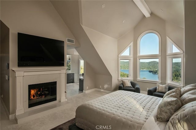 27417 Matterhorn Dr, Lake Arrowhead, CA 92352 - carpeted bedroom featuring multiple windows, visible vents, beamed ceiling, and high vaulted ceiling