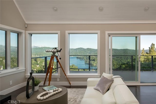 27417 Matterhorn Dr, Lake Arrowhead, CA 92352 - sunroom / solarium featuring lofted ceiling, a mountain view, baseboards, crown molding, and wood finished floors