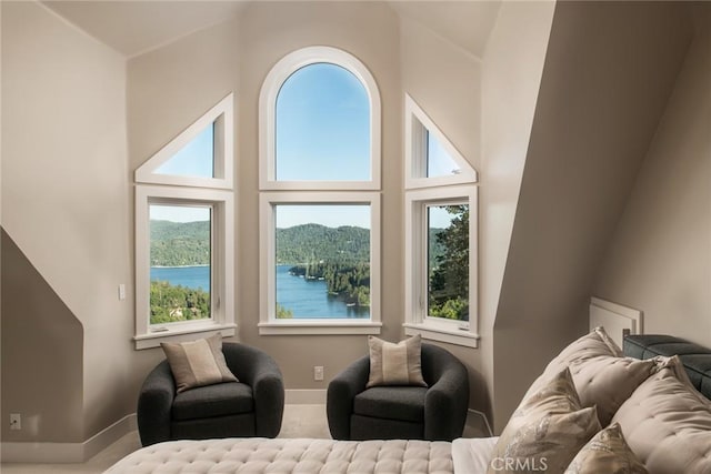 27417 Matterhorn Dr, Lake Arrowhead, CA 92352 - interior space with baseboards, a water view, and a high ceiling