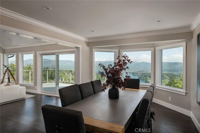 27417 Matterhorn Dr, Lake Arrowhead, CA 92352 - dining space featuring baseboards, ornamental molding, and plenty of natural light