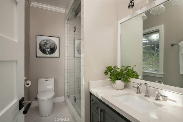 27417 Matterhorn Dr, Lake Arrowhead, CA 92352 - bathroom featuring toilet, baseboards, a shower stall, vanity, and crown molding