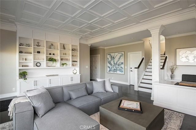27417 Matterhorn Dr, Lake Arrowhead, CA 92352 - living area featuring stairs, baseboards, dark wood-style floors, and decorative columns