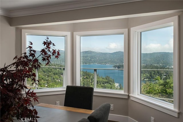 27417 Matterhorn Dr, Lake Arrowhead, CA 92352 - office area with a water view, a wealth of natural light, ornamental molding, and baseboards