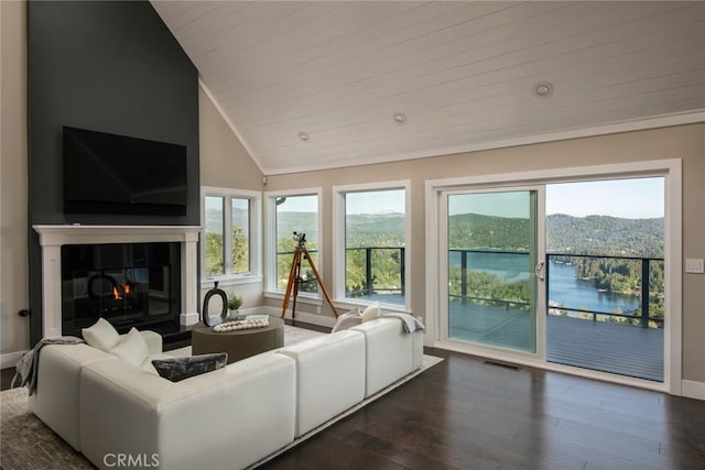 27417 Matterhorn Dr, Lake Arrowhead, CA 92352 - living room featuring lofted ceiling, a glass covered fireplace, plenty of natural light, and wood finished floors