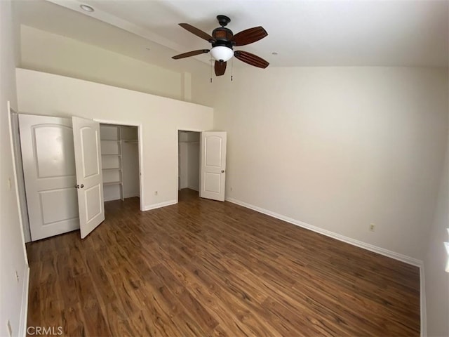 14535 Margate St Unit 12, Sherman Oaks, CA 91411 - unfurnished bedroom with multiple closets, wood finished floors, baseboards, high vaulted ceiling, and ceiling fan