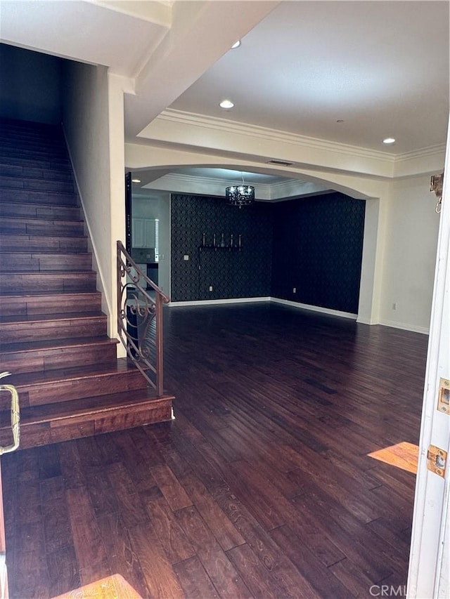 14535 Margate St Unit 12, Sherman Oaks, CA 91411 - basement with a chandelier, crown molding, wood finished floors, stairway, and baseboards