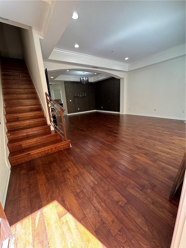 14535 Margate St Unit 12, Sherman Oaks, CA 91411 - unfurnished living room featuring hardwood / wood-style floors, a chandelier, stairs, crown molding, and recessed lighting