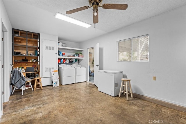 11348 Ramona Ave, Pomona, CA 91766 - laundry room featuring washer and dryer, laundry area, a textured ceiling, and a ceiling fan