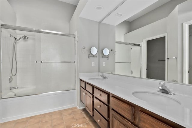 1092 Amberton Ln, Newbury Park, CA 91320 - full bathroom with combined bath / shower with glass door, double vanity, and tile patterned flooring
