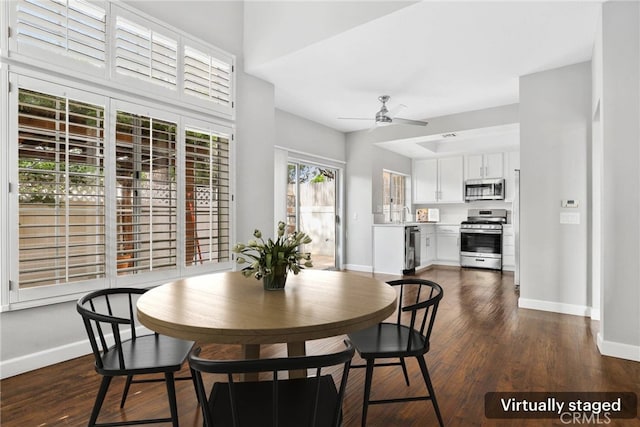 1092 Amberton Ln, Newbury Park, CA 91320 - dining room with baseboards, dark wood-style floors, and ceiling fan