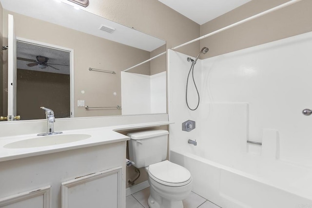 full bathroom with toilet, vanity, visible vents, tile patterned flooring, and tub / shower combination