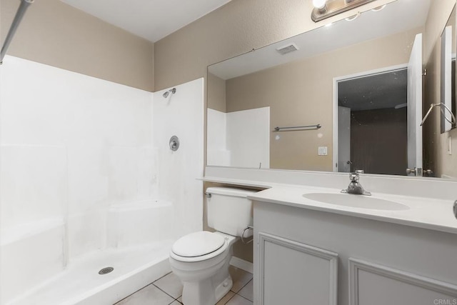 bathroom with toilet, walk in shower, visible vents, tile patterned flooring, and vanity
