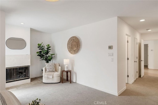 1429 Manhattan Ave, Hermosa Beach, CA 90254 - living area with recessed lighting, a tiled fireplace, baseboards, and carpet floors