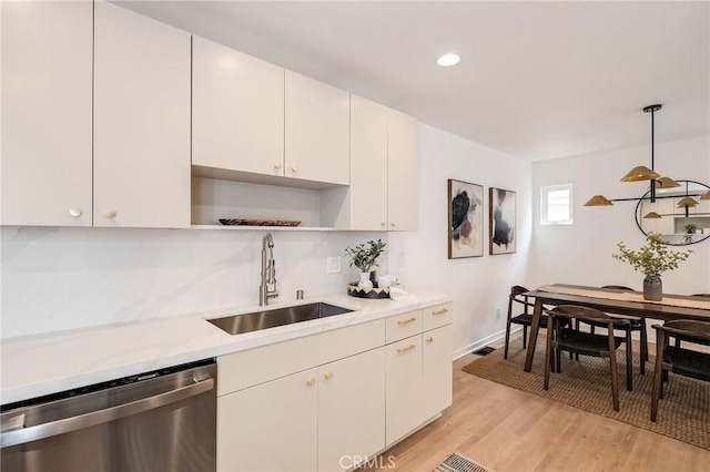1429 Manhattan Ave, Hermosa Beach, CA 90254 - kitchen featuring a sink, stainless steel dishwasher, open shelves, light countertops, and light wood finished floors