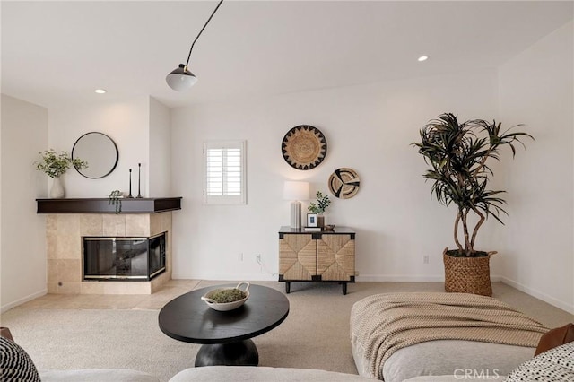 1429 Manhattan Ave, Hermosa Beach, CA 90254 - living area with carpet floors, a tiled fireplace, and recessed lighting