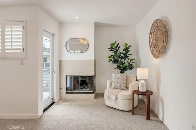 1429 Manhattan Ave, Hermosa Beach, CA 90254 - sitting room featuring recessed lighting, carpet flooring, baseboards, and a tile fireplace