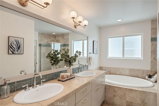 1429 Manhattan Ave, Hermosa Beach, CA 90254 - bathroom with a sink, double vanity, a stall shower, and a garden tub