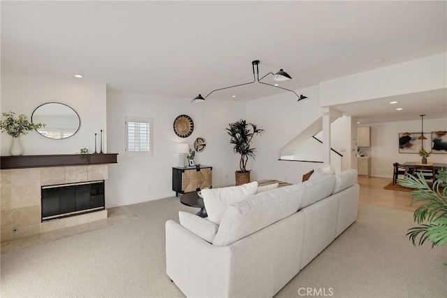 1429 Manhattan Ave, Hermosa Beach, CA 90254 - living area with a tiled fireplace, recessed lighting, and carpet floors