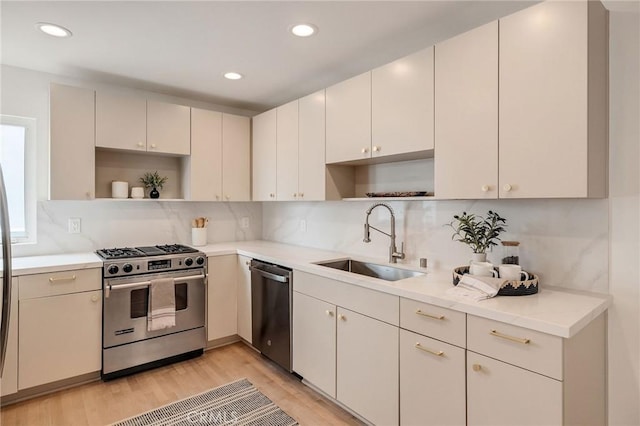 1429 Manhattan Ave, Hermosa Beach, CA 90254 - kitchen featuring a sink, stainless steel appliances, open shelves, and backsplash