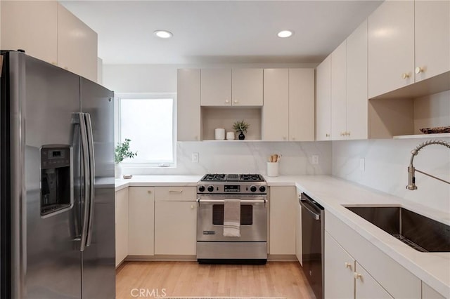 1429 Manhattan Ave, Hermosa Beach, CA 90254 - kitchen featuring a sink, open shelves, light countertops, appliances with stainless steel finishes, and decorative backsplash