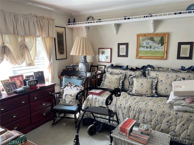 carpeted bedroom with crown molding