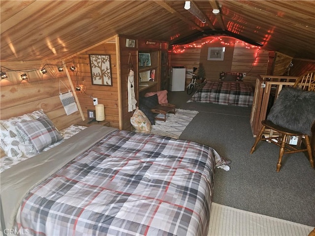 bedroom featuring wooden walls, carpet floors, and vaulted ceiling