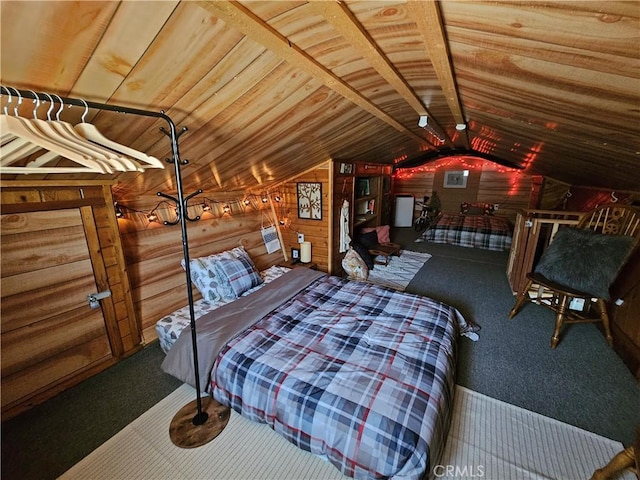 bedroom with carpet, wooden ceiling, vaulted ceiling, and wood walls