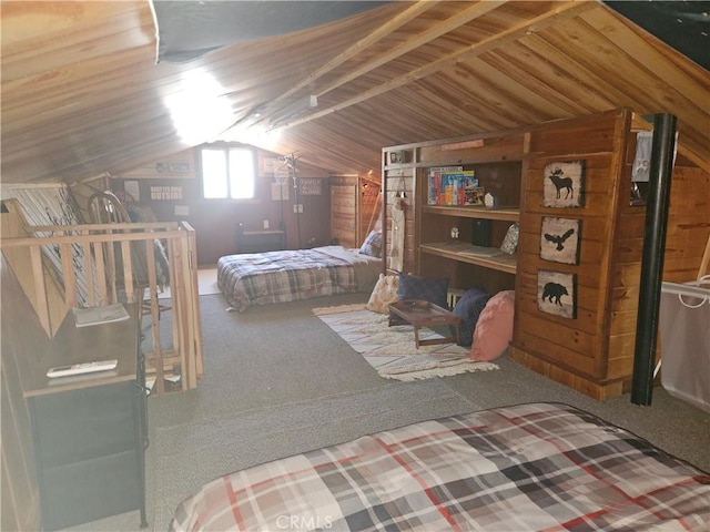 bedroom with wooden walls, carpet, and vaulted ceiling