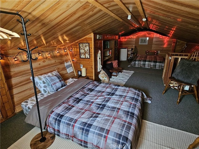 carpeted bedroom with wooden walls, wooden ceiling, and vaulted ceiling