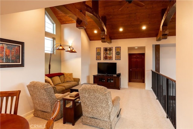 living room featuring recessed lighting, wooden ceiling, baseboards, ceiling fan, and light carpet