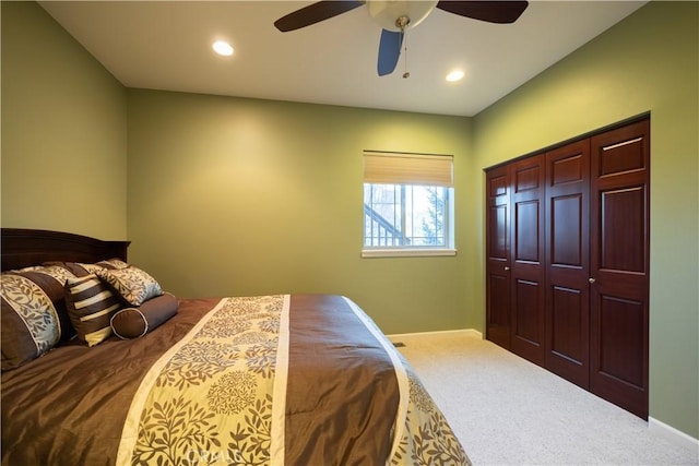 carpeted bedroom with baseboards, a ceiling fan, and recessed lighting