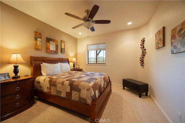bedroom with baseboards, recessed lighting, a ceiling fan, and light colored carpet