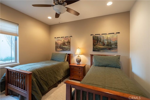 bedroom with carpet flooring, a ceiling fan, and recessed lighting