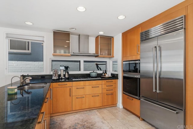 1407 Ocean, Del Mar, CA 92014 - kitchen with a sink, wall chimney range hood, glass insert cabinets, and appliances with stainless steel finishes