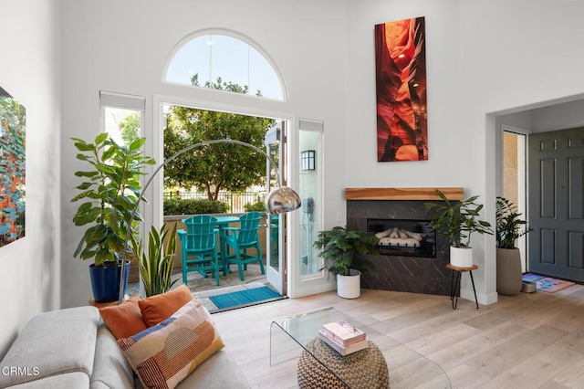 1323 Bayside Cir, Oxnard, CA 93035 - living room with a high ceiling, healthy amount of natural light, wood finished floors, and a fireplace