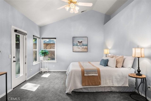 carpeted bedroom featuring a ceiling fan, baseboards, visible vents, access to outside, and vaulted ceiling
