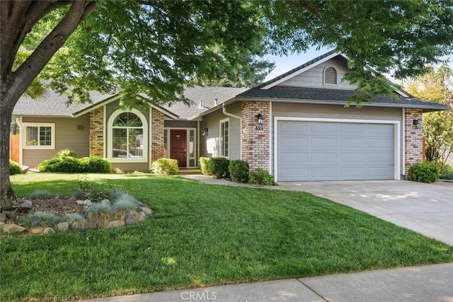 single story home featuring driveway, brick siding, an attached garage, a shingled roof, and a front lawn