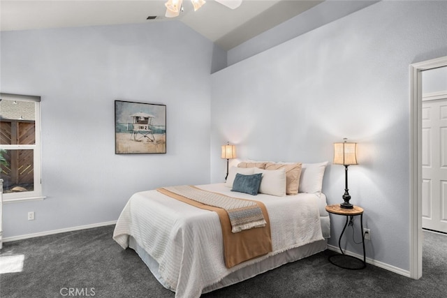 bedroom featuring ceiling fan, baseboards, lofted ceiling, and dark carpet