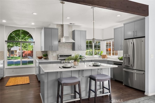 kitchen with gray cabinetry, appliances with stainless steel finishes, a healthy amount of sunlight, and wall chimney exhaust hood